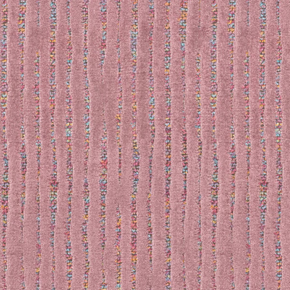 Dusty rose nubby fabric with narrow vertical lines and multicoloured Confetti flecks