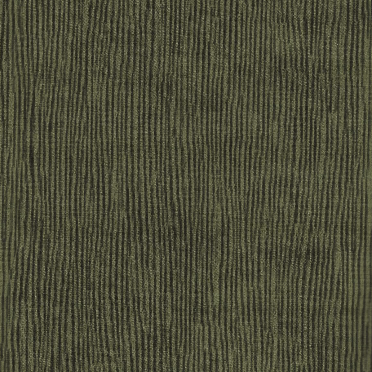 Muted pesto olive fabric with fine irregular vertical striations and softly rippled texture