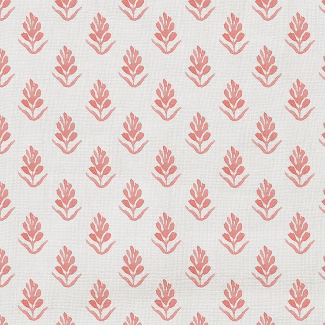 Dusty rose botanical sprigs repeat across a pale ivory, finely woven ground