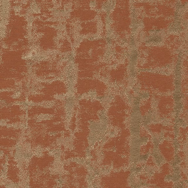 Muted brick terracotta woven fabric with taupe-grey irregular abstract blocks