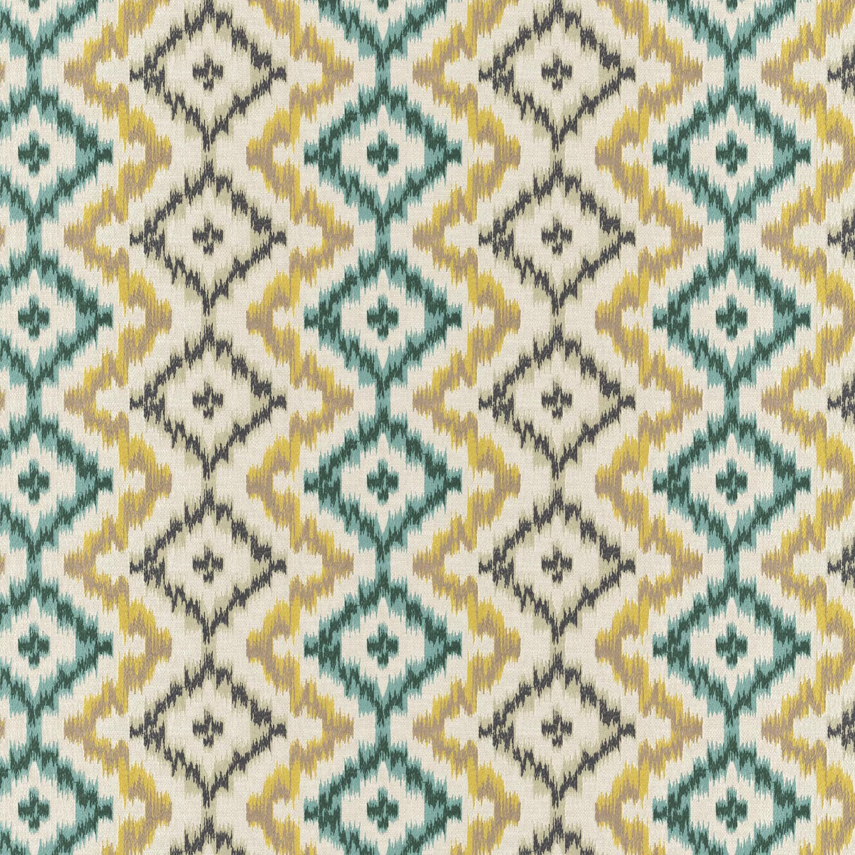 Cream woven fabric with aqua-teal, ochre and charcoal ikat-style diamond motifs
