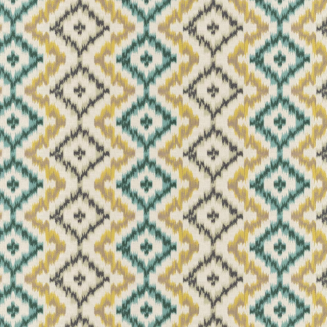 Cream woven fabric with aqua-teal, ochre and charcoal ikat-style diamond motifs