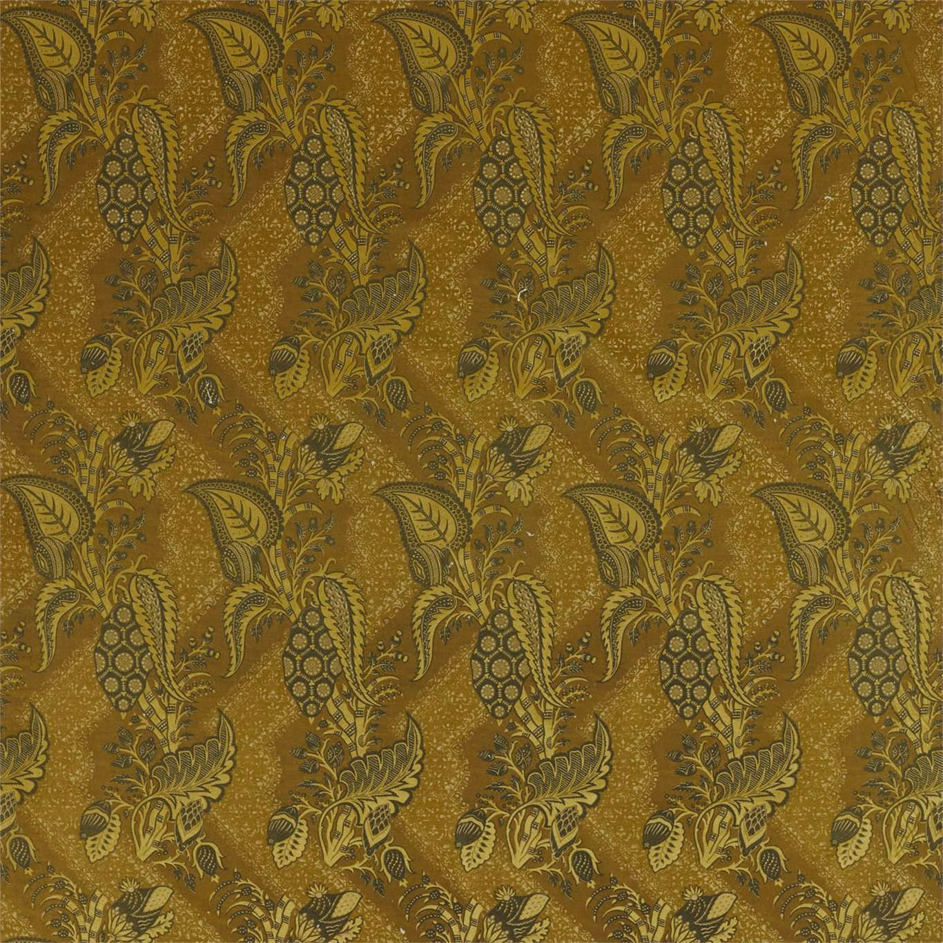 Antique ochre velvet with olive paisley, acanthus leaves and stippled botanical ground