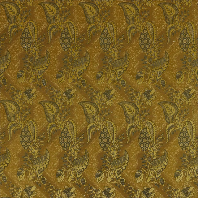 Antique ochre velvet with olive paisley, acanthus leaves and stippled botanical ground