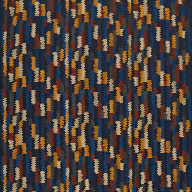 Dense ink-blue textile with ochre, rust and ivory serrated vertical motifs