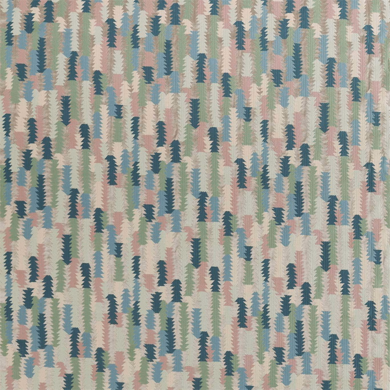 Dense sage, teal, blush and cream zigzag motifs woven across a textured fabric