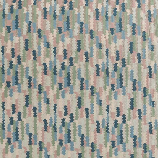 Dense sage, teal, blush and cream zigzag motifs woven across a textured fabric