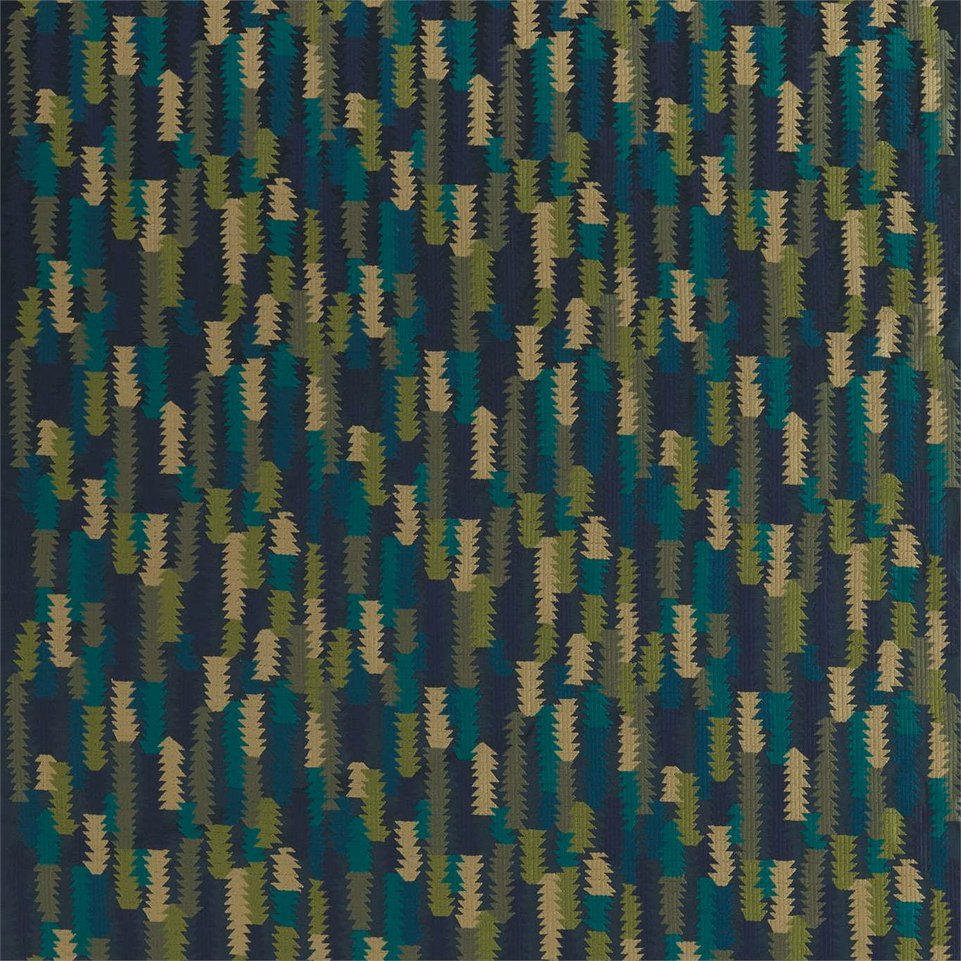 Dark teal embroidered textile with olive, tan and serrated vertical geometric motifs