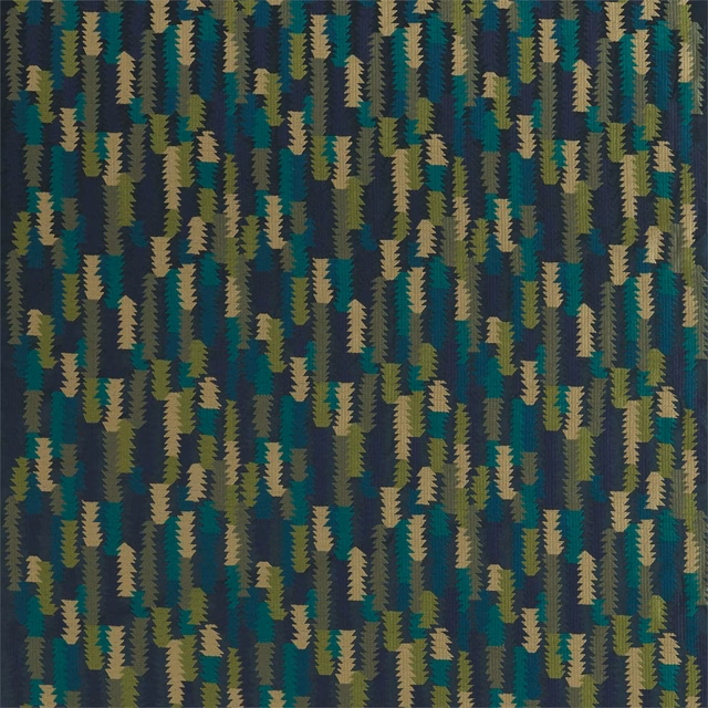 Dark teal embroidered textile with olive, tan and serrated vertical geometric motifs