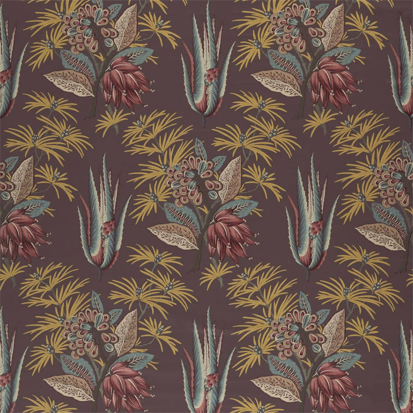 Plum-brown botanical fabric with ochre fronds, teal leaves and burgundy flowers