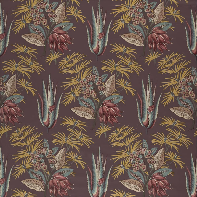 Plum-brown botanical fabric with ochre fronds, teal leaves and burgundy flowers