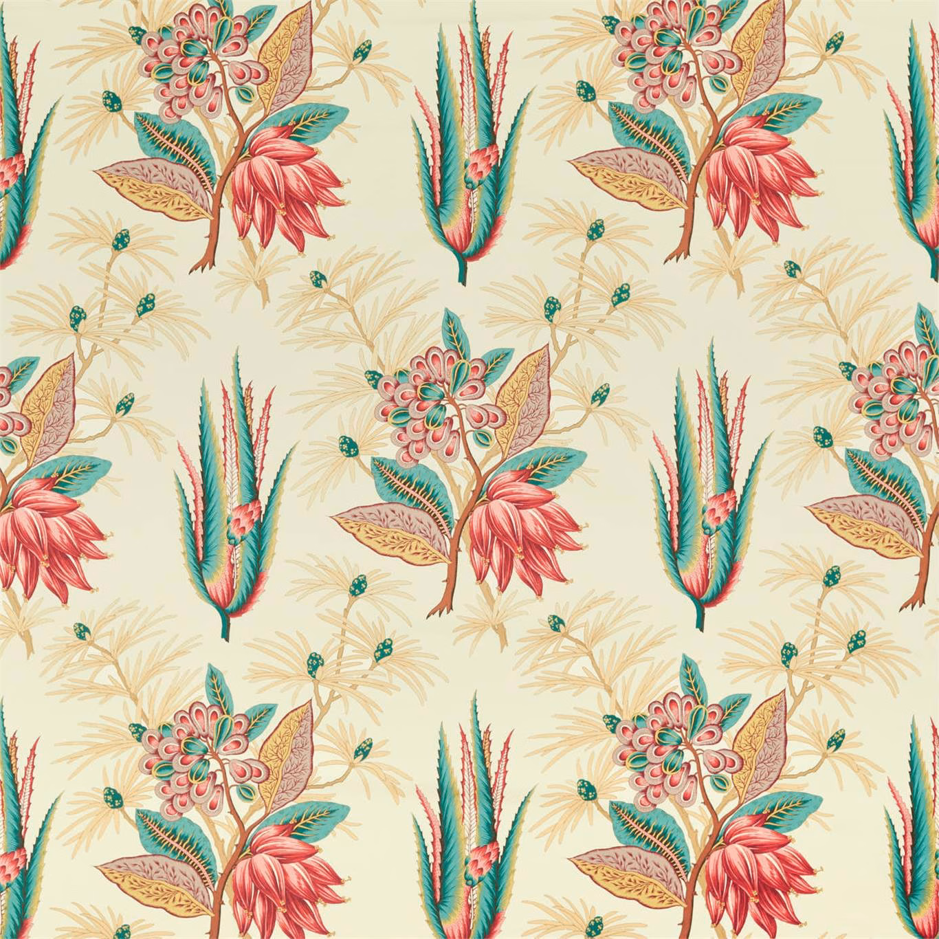 Cream floral textile with crimson blossoms, teal leaves and fine tan foliage