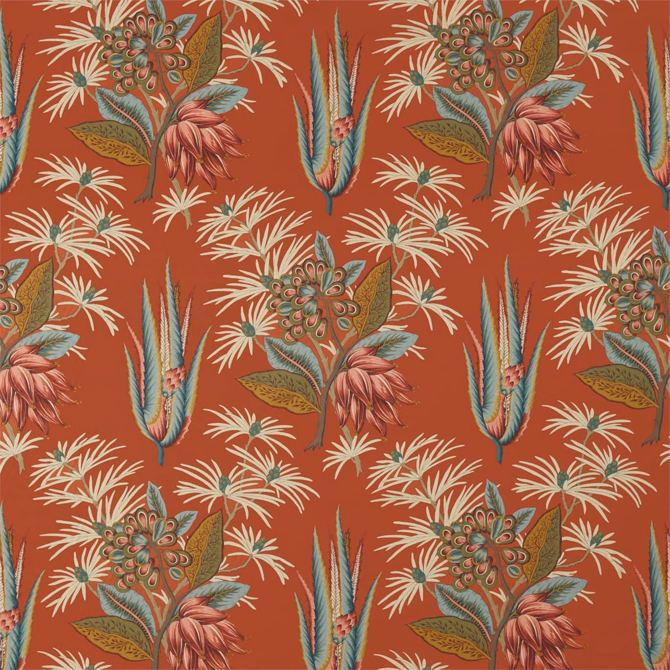 Rust-terracotta botanical fabric with teal leaves, cream sprays and pink flowers