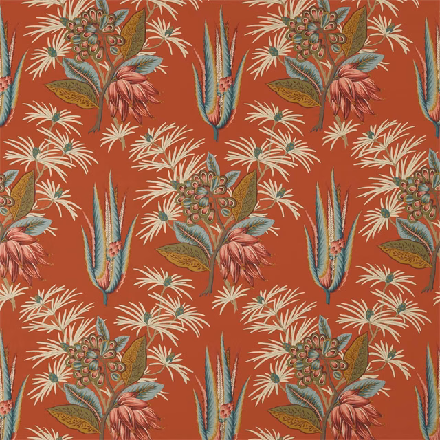 Rust-terracotta botanical fabric with teal leaves, cream sprays and pink flowers