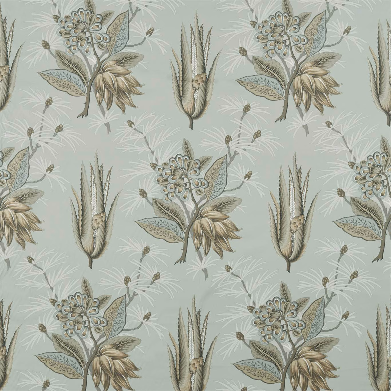 Pale sage-stone fabric with large muted botanical flowers, leaves and upright spire motifs