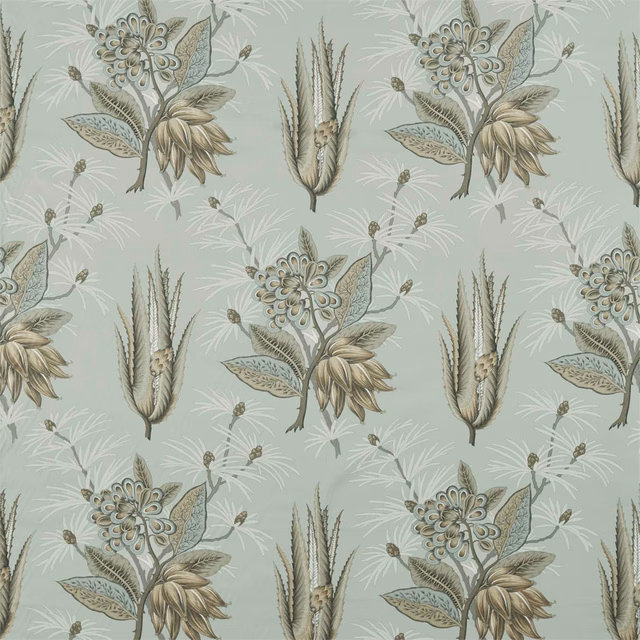 Pale sage-stone fabric with large muted botanical flowers, leaves and upright spire motifs