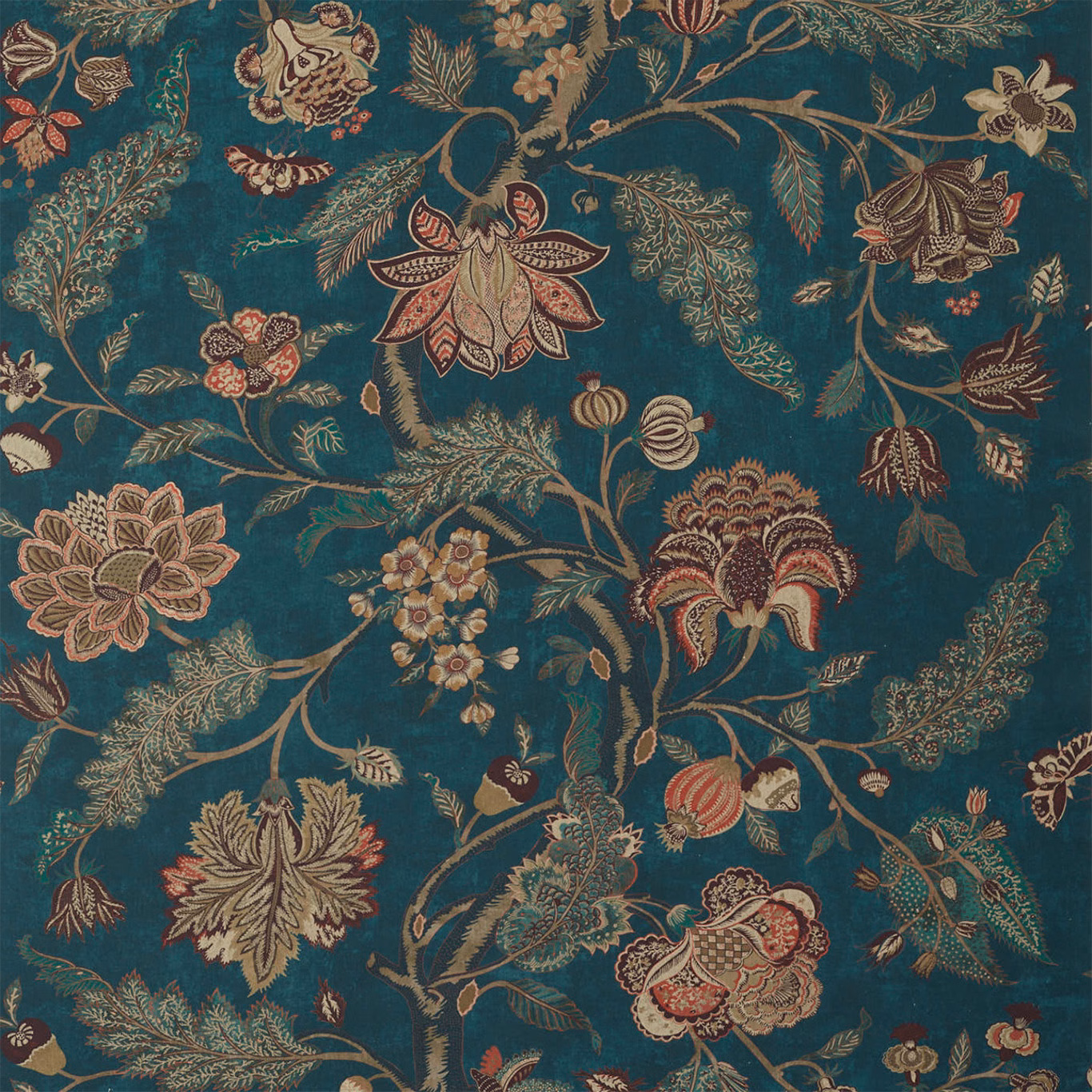 Deep blue-teal fabric with rust, cream and olive indienne flowers and trailing foliage