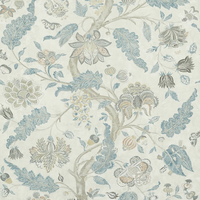 Aged cream botanical fabric with muted blue leaves, flowers and curling stems