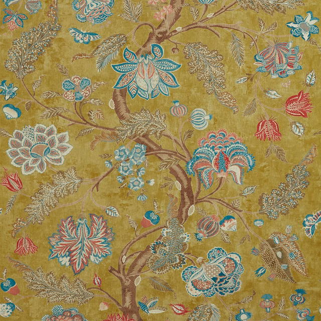 Olive botanical Indienne print with turquoise, coral and cream floral motifs