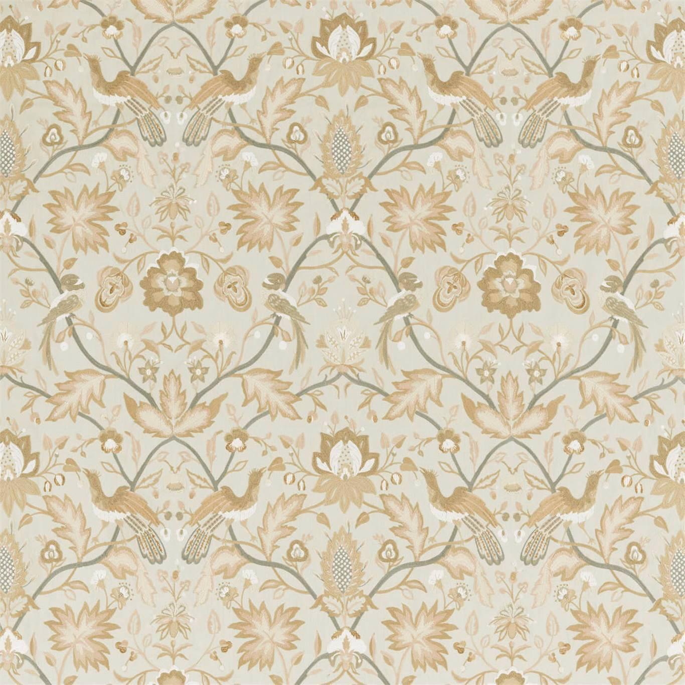 Pale mineral embroidered birds and botanical sprays in sage, cream and taupe