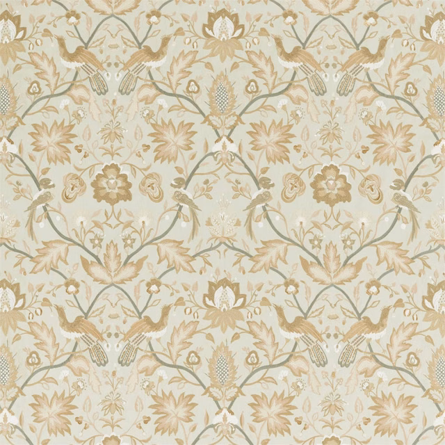 Pale mineral embroidered birds and botanical sprays in sage, cream and taupe