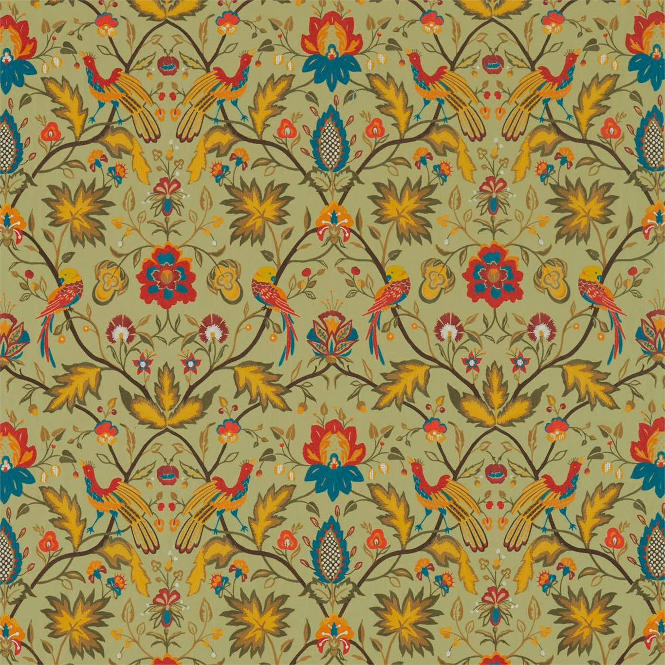 Muted olive fabric with embroidered birds, flowers and ochre botanical motifs