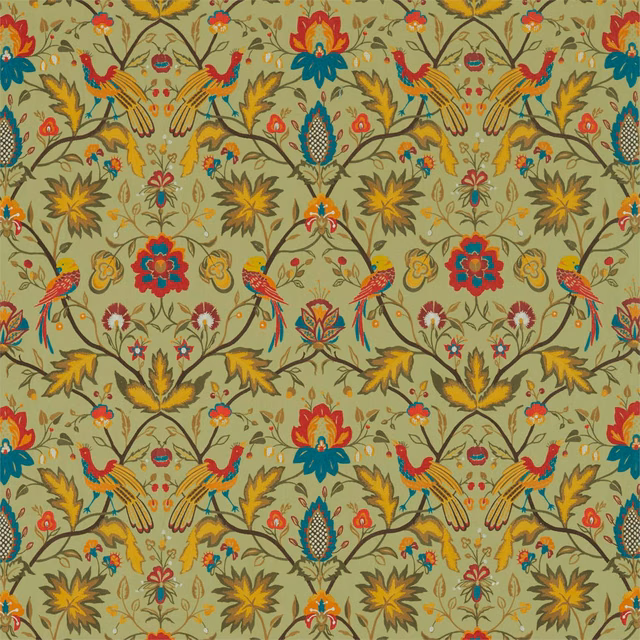 Muted olive fabric with embroidered birds, flowers and ochre botanical motifs