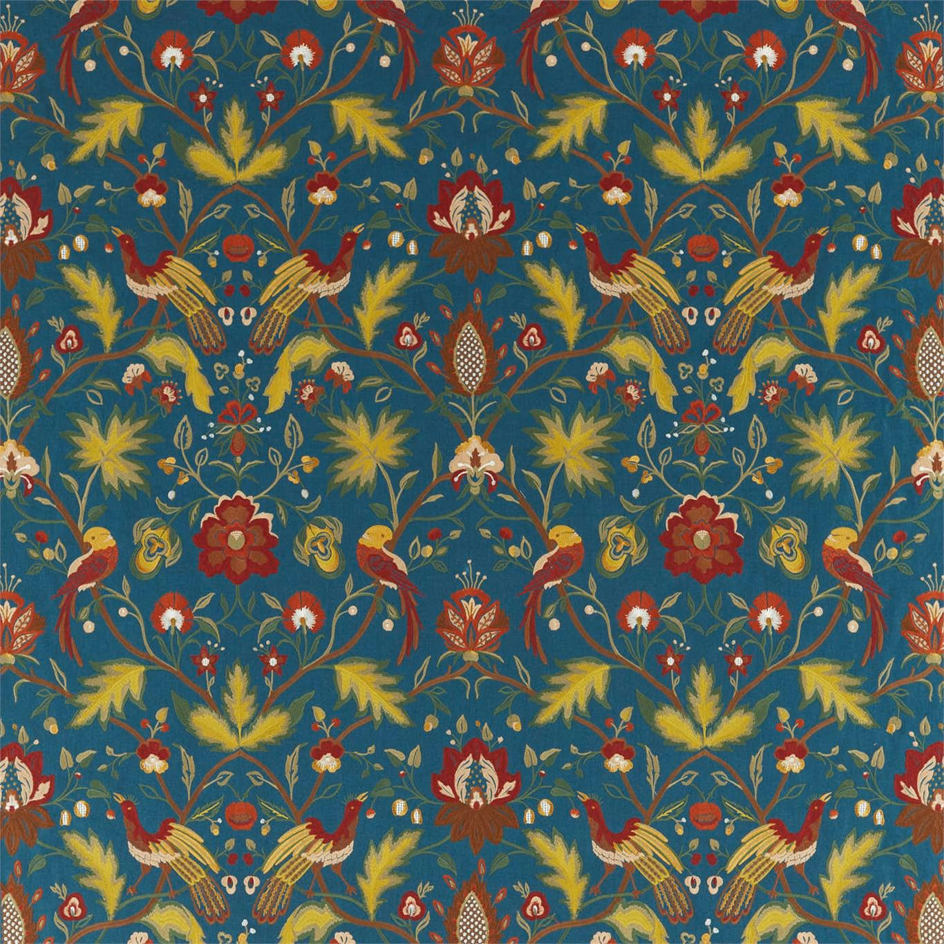 Prussian blue textile with embroidered birds, saffron foliage, red blooms and scrolling vines