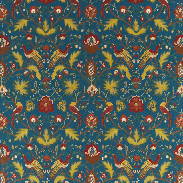 Prussian blue textile with embroidered birds, saffron foliage, red blooms and scrolling vines