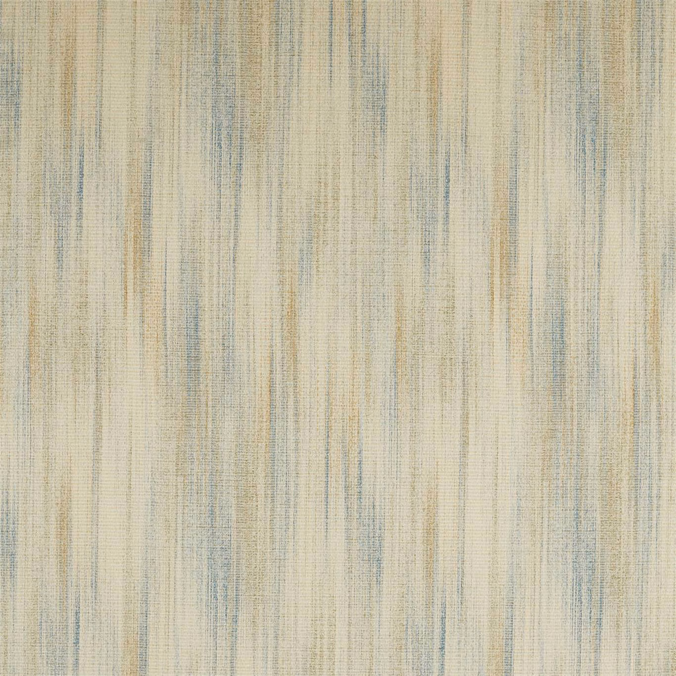 Pale fossil beige woven fabric with cool blue-grey and muted gold vertical striations