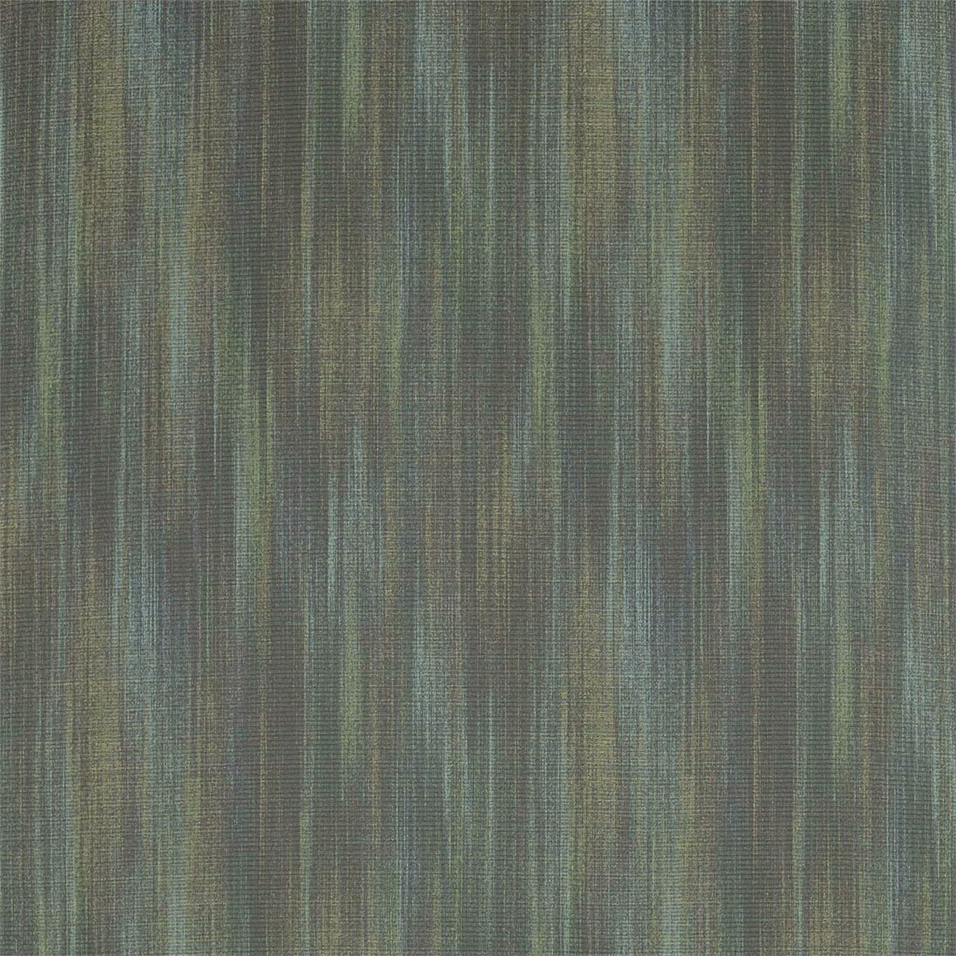 Close-up of muted olive woven fabric with fine vertical grey-green striations