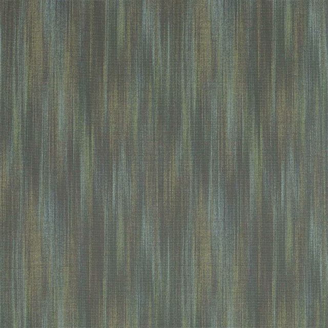 Close-up of muted olive woven fabric with fine vertical grey-green striations