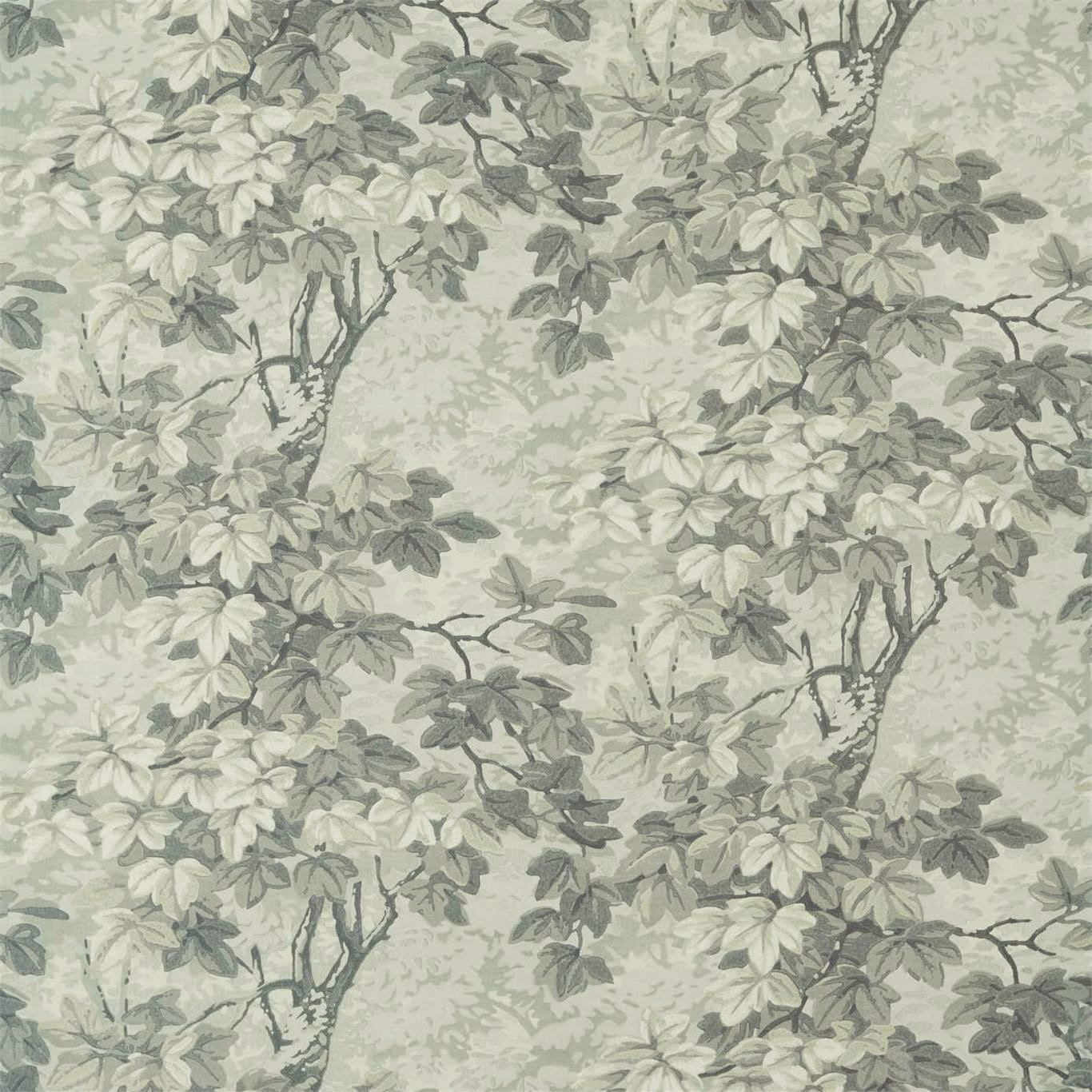 Sage grey-green botanical fabric with branching leaves and charcoal stems