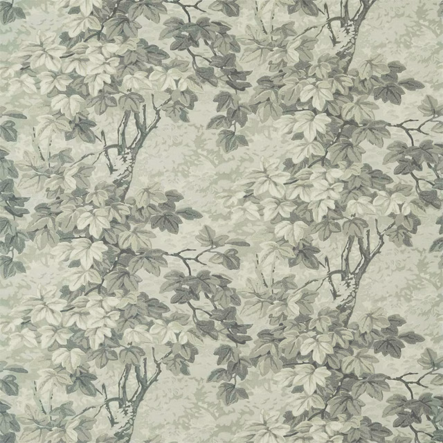 Sage grey-green botanical fabric with branching leaves and charcoal stems