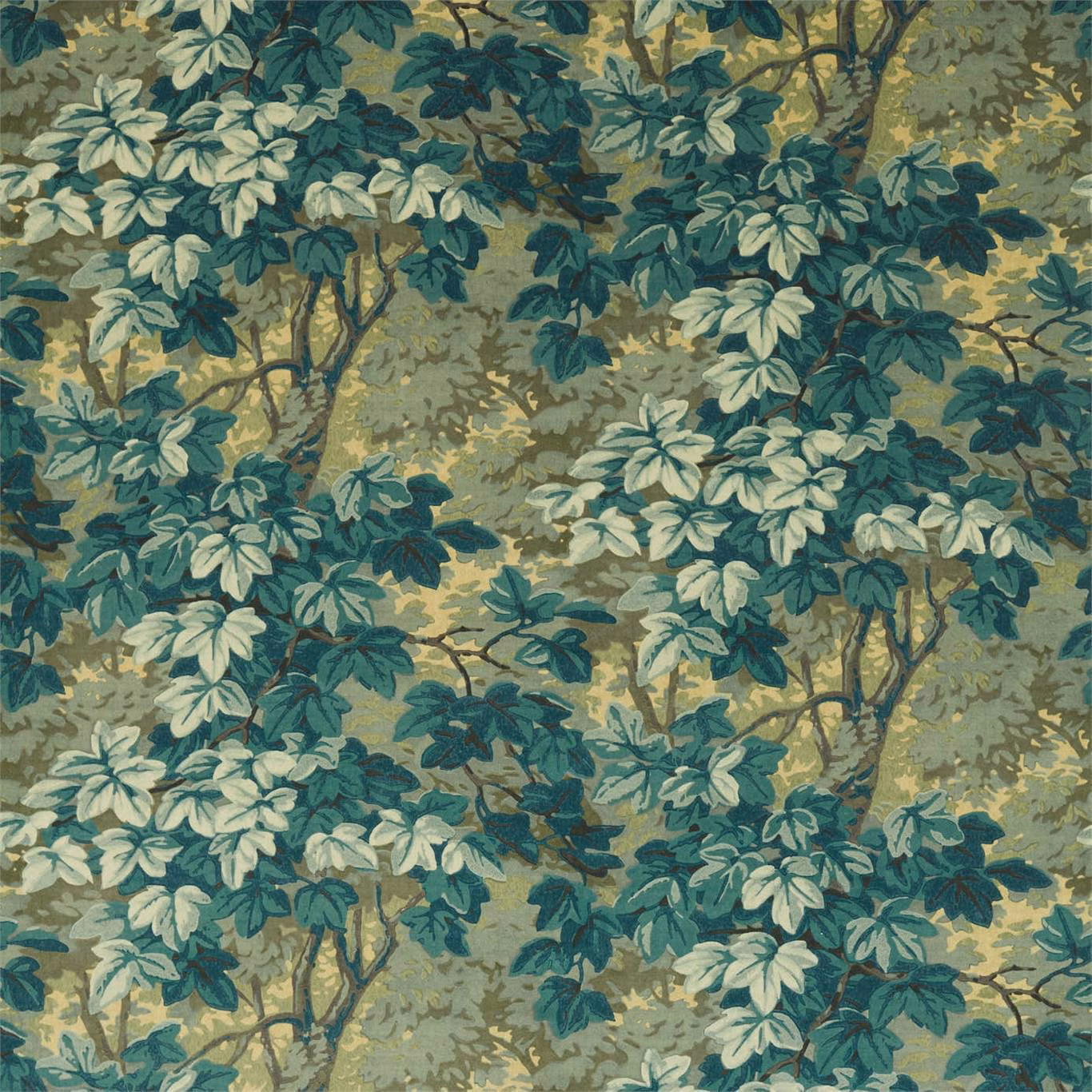 Evergreen velvet with layered teal, sage and cream leaves on an olive ground