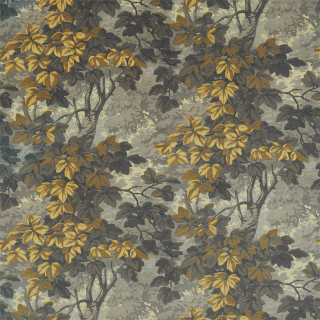Charcoal and olive velvet with mustard leaves, pale grey branches and dense botanical foliage