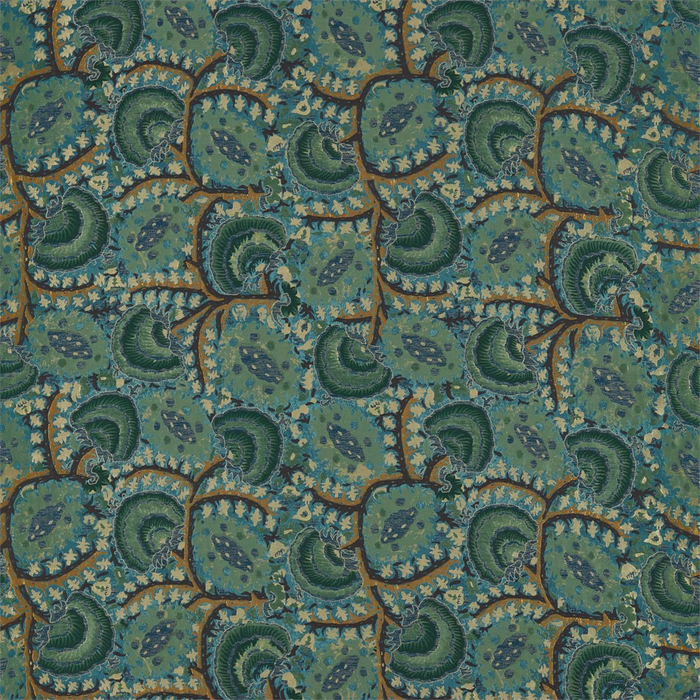 Moss green woven Suzani-style paisleys with teal fans, brown tracery and ochre sprigs