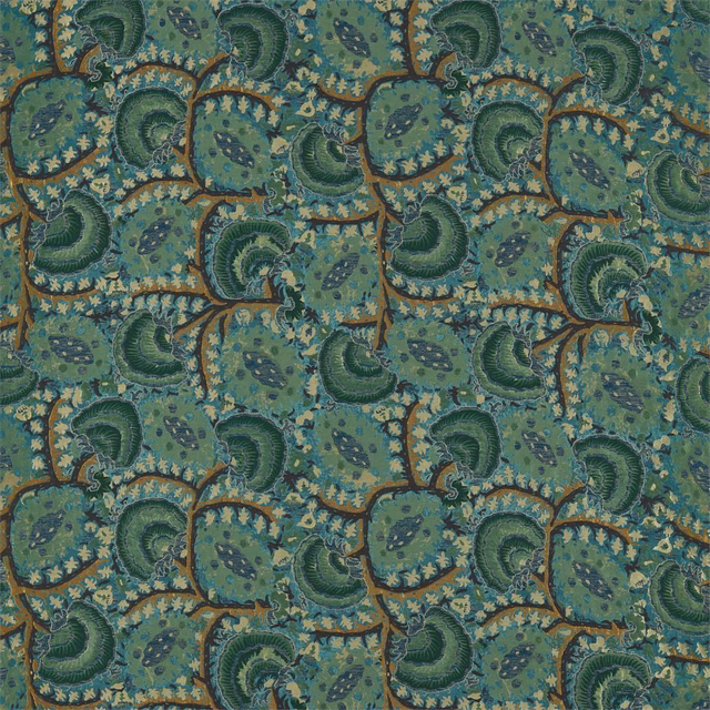 Moss green woven Suzani-style paisleys with teal fans, brown tracery and ochre sprigs