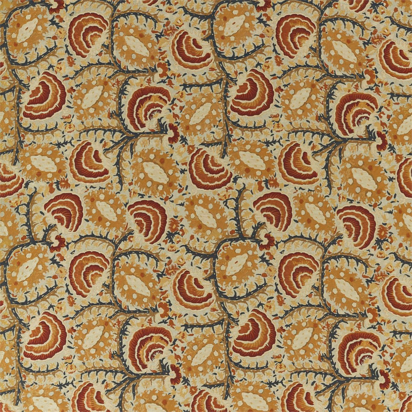 Ochre woven ground with Venetian-red paisley motifs, cream flecks and blue-grey outlines
