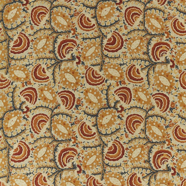 Ochre woven ground with Venetian-red paisley motifs, cream flecks and blue-grey outlines
