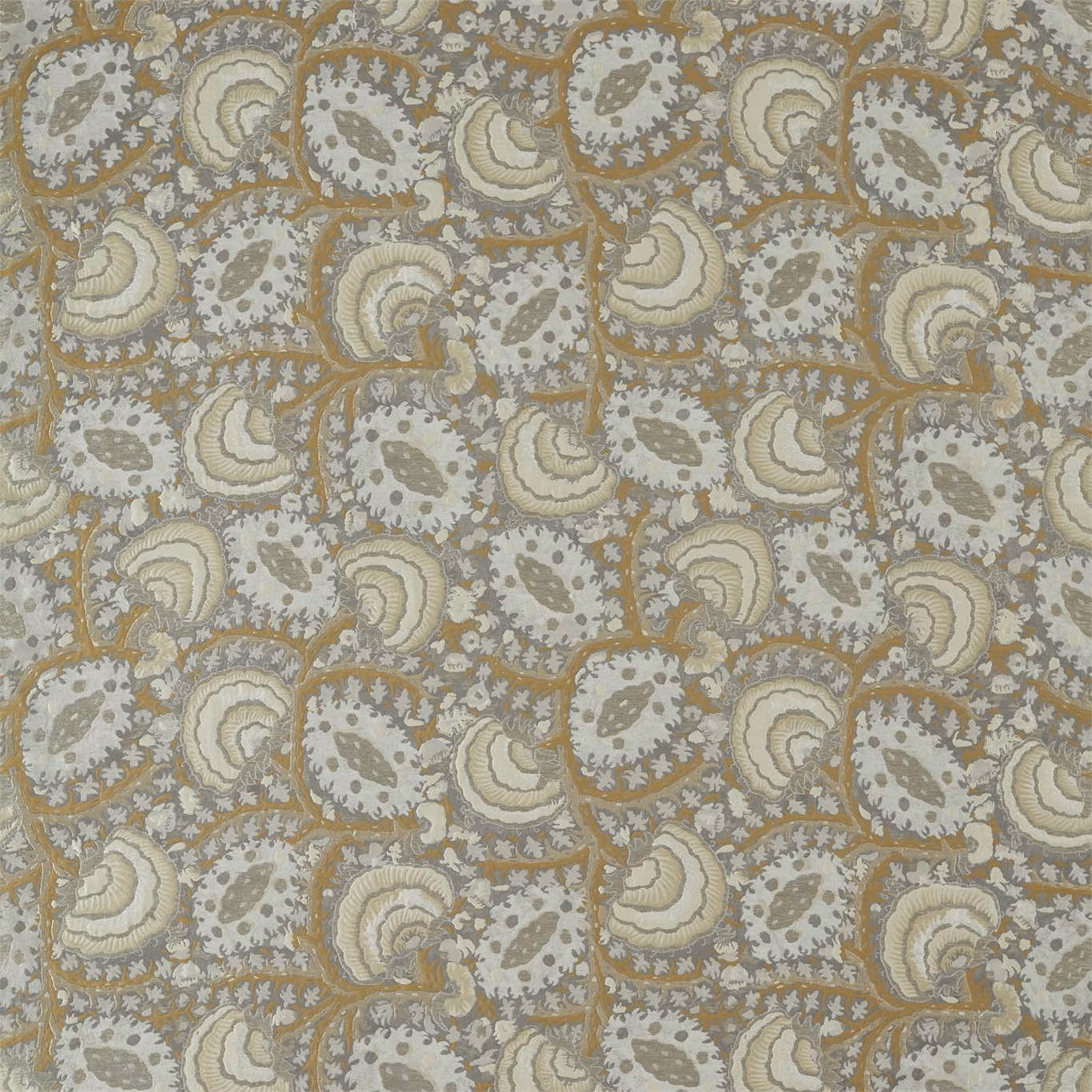 Cool zinc-grey woven paisleys with ivory, taupe and muted ochre detailing