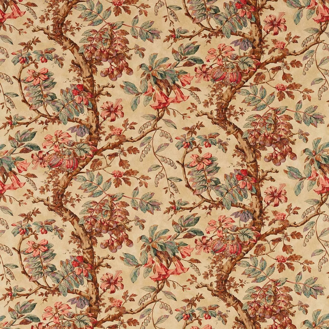 Antique cream botanical print with twisting branches, burgundy blossoms and sage leaves