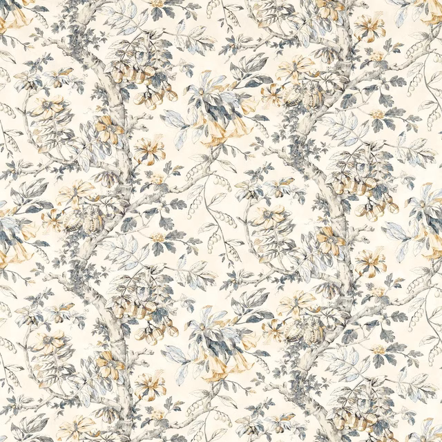 Cream floral fabric with cool grey leaves, fine stems and pale ochre flower details