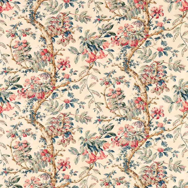 Cream botanical fabric with indigo branches, coral flowers and sage leaves