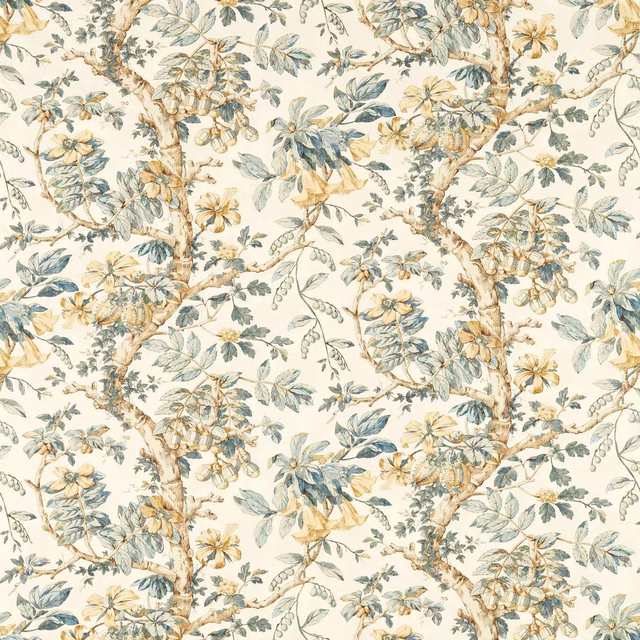 Cream fabric with muted blue leaves, ochre flowers and branching botanical stems