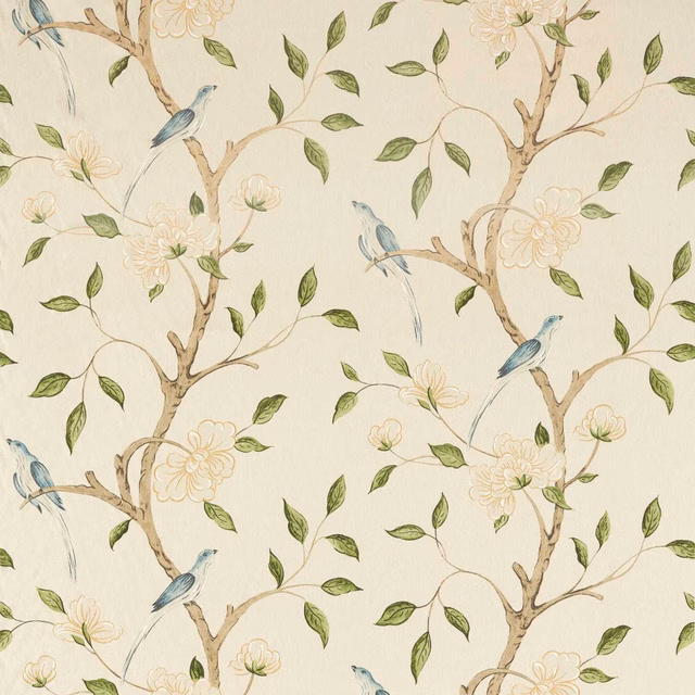 Cream botanical fabric with muted green branches, blossom and blue birds
