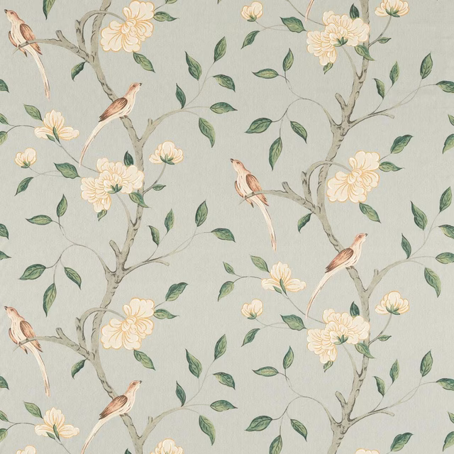 Pale blue-grey botanical fabric with cream blossoms, sage leaves, and perched brown birds