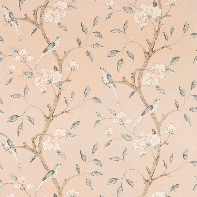 Muted Tuscan pink fabric with taupe branches, pale blossoms, blue-grey leaves and birds