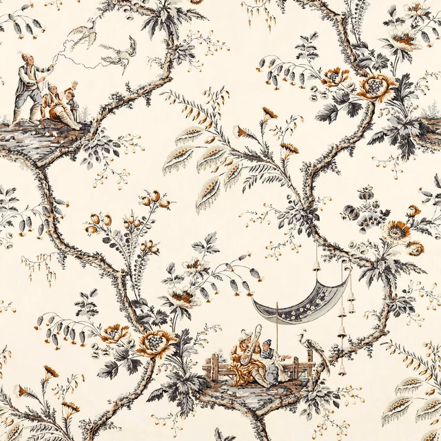 Cream chinoiserie ground with charcoal branches, ochre blooms and scenic figures