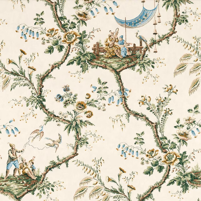 Cream chinoiserie fabric with moss branches, blue figures, boats and ochre flowers